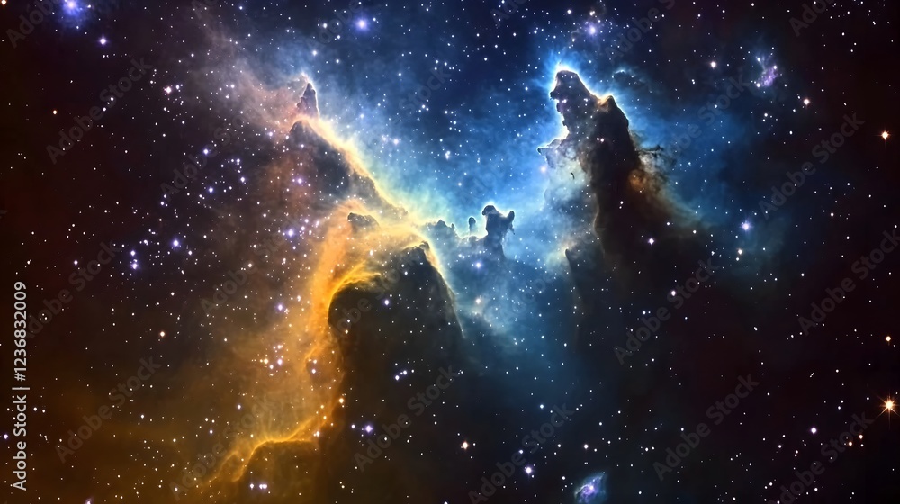 Poster image of a captivating cosmic nebula filled with luminous stellar formations and swirling cosmic dus