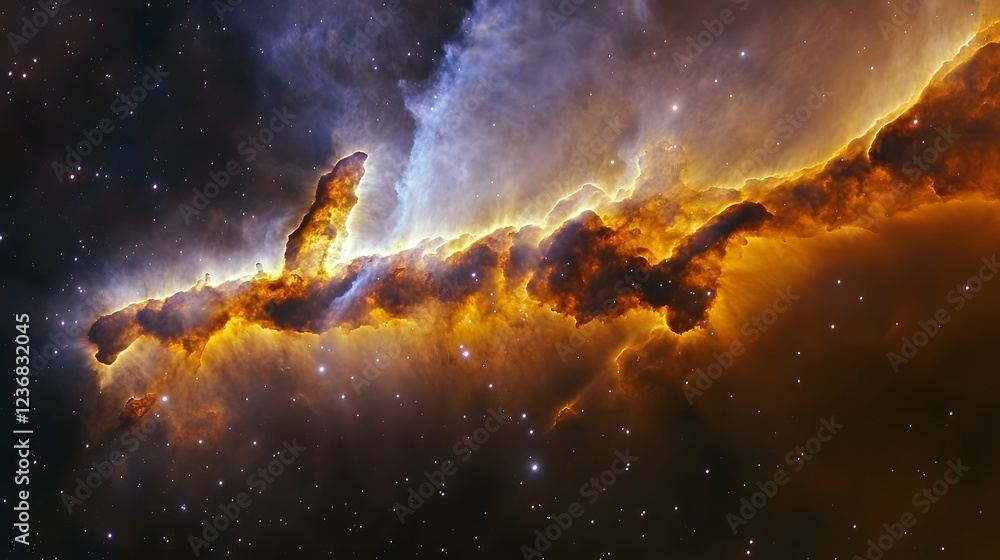 Poster image of a dramatic fiery cosmic explosion within an expansive swirling nebula cloud showcasing the 