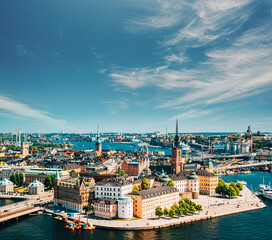 Stockholm, Sweden. Riddarholm Church, The Burial Place Of Swedish Monarchs On The Island Of Riddarholmen. Sunny Cityscape Skyline. Elevated View Of Gamla Stan