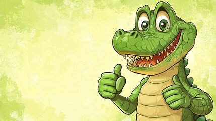 Obraz premium the crocodile smiles and shows an approving thumbs up. Wide banner with copy space. cartoon look. plain color background.