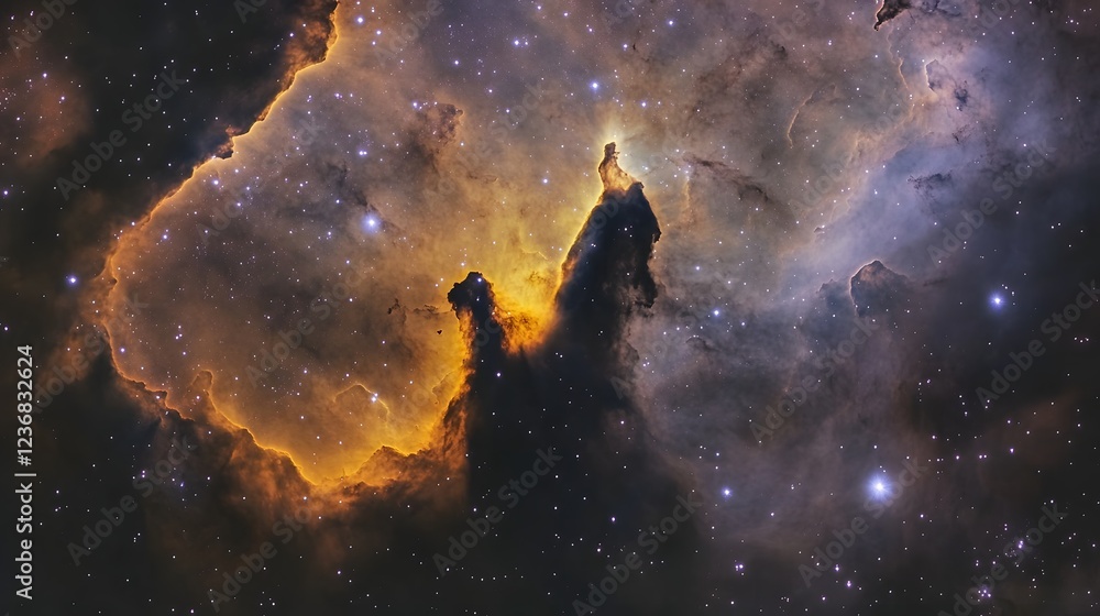 Poster majestic and cosmic cloud formation glowing in vibrant hues of a colorful nebula against the backdro