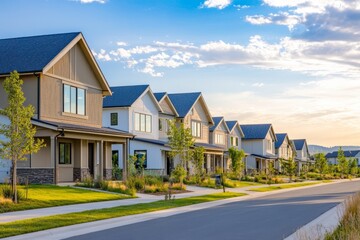 Suburban neighborhood with modern houses, green lawns, and a scenic sunset sky