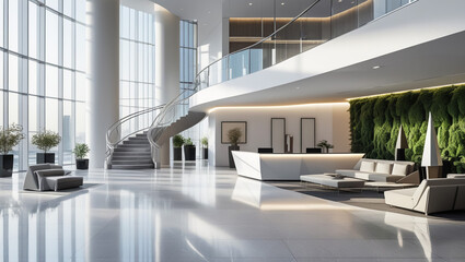 Fototapeta premium Modern Chinese style office interiors, bright lobby and stairs