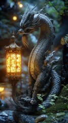 Fototapeta premium Mystical stone dragon statue in enchanted forest, glowing lantern, night scene; fantasy art.