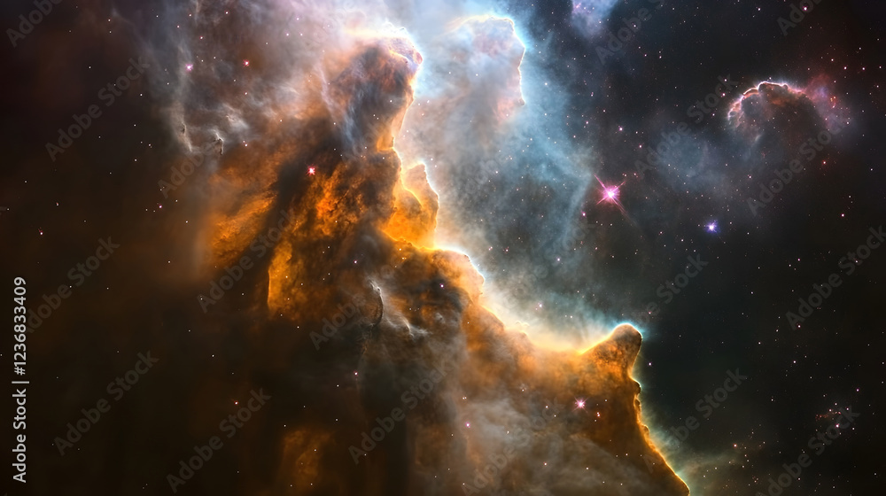 Poster mesmerizing and image of a vibrant colorful nebula swirling within the vast cosmic expanse of the ga