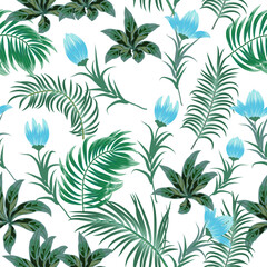 Seamless vector pattern with tropical palm leaves and blue flowers on white background.