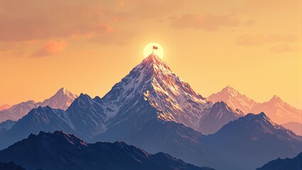 Majestic mountain peak in golden sunset with orange flag waving at summit