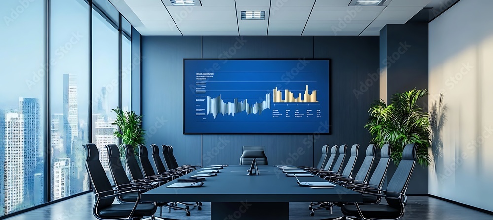 Poster a sophisticated office setup with a clear space for text on a presentation board