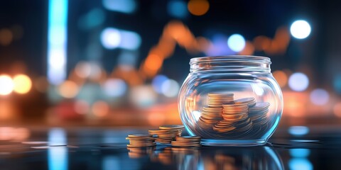 Fototapeta premium Jar filled with coins against a blurred city nightscape. Concept of savings, finance, and investment.