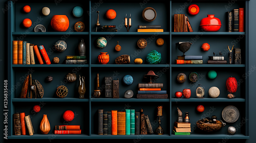 Poster enchanting gypsy witch's bookshelf filled with mystical objects and treasures magical home library c
