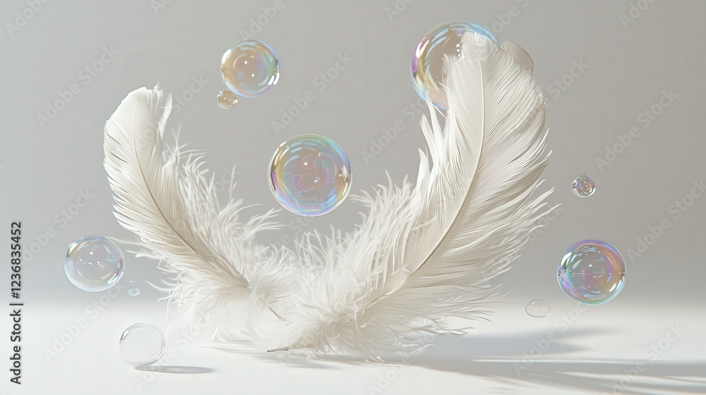 Poster delicate white feathers floating gracefully in the air surrounded by colorful bubbles on a soft back