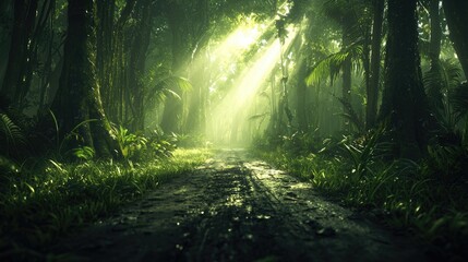 Obraz premium Sunbeams illuminate jungle path, lush foliage, mystery