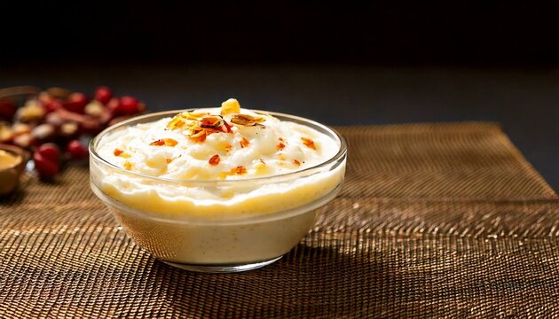 Indian white Sheer Khurma food in transparent bowl, restaurant table background, copy space