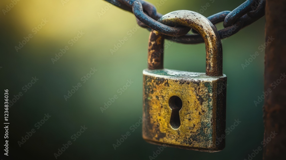 Poster aged padlock and chain securing a protected area with textured surface