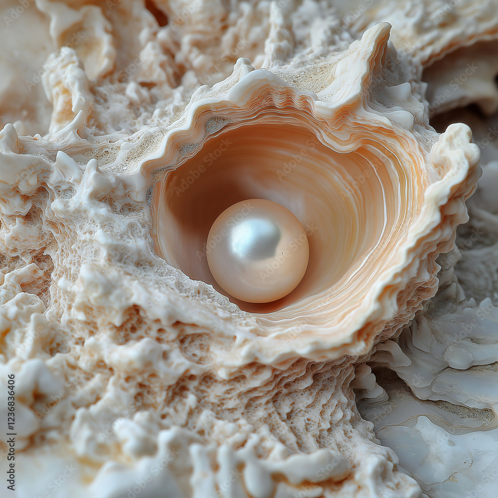 Poster luminous pearl nestled in textured seashell intricate layers