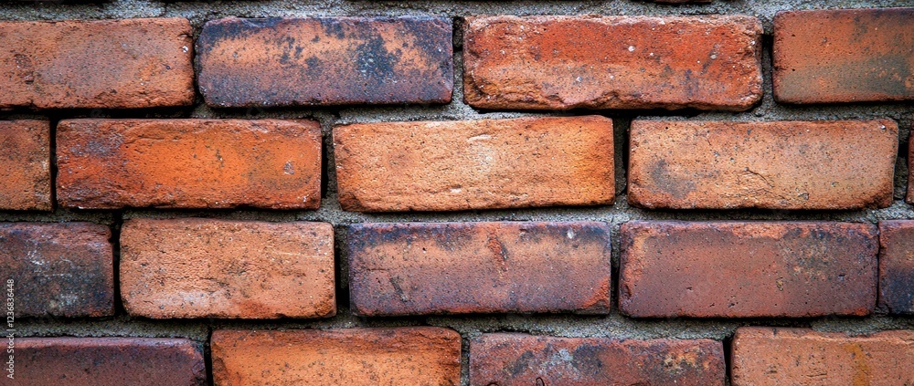 Poster close up view of a brick wall. the bricks are reddish brown with variations in color and texture. th