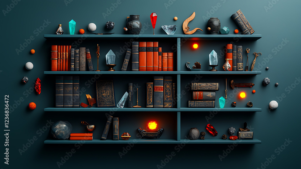 Poster enchanting experience ancient bookshelf displaying glowing tomes and mystical objects in a cozy stud