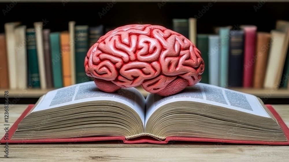 Poster a red brain model rests on an open antique book, in front of a blurred background of bookshelves. th