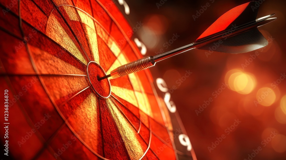 Poster close up of a dart hitting the bullseye of a dartboard; the dartboard is red and gold with a dark ba