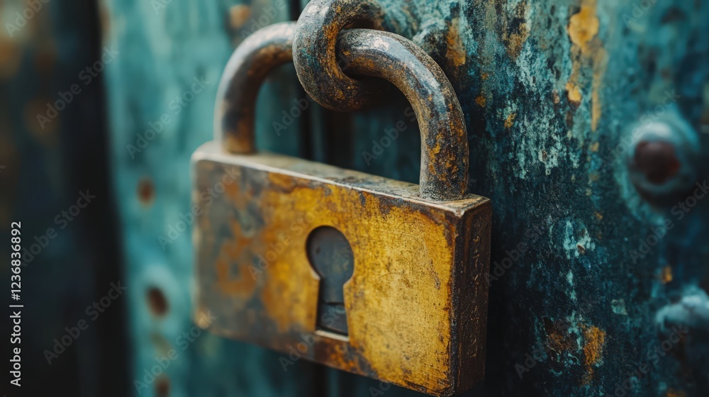 Poster close-up of weathered padlock with rusty chain on aged metallic surface