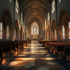 Fototapeta premium Sunlit church interior, peaceful scene.
