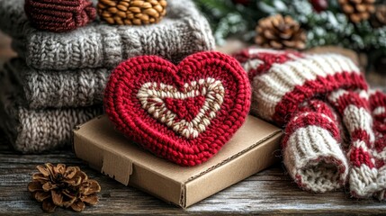 Cozy winter scene featuring a red knitted heart resting on a rustic wooden surface among stacked sweaters, pine cones, and a striped knit hat. The
