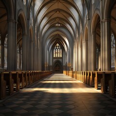 Fototapeta premium Sunlit cathedral nave, rows of pews