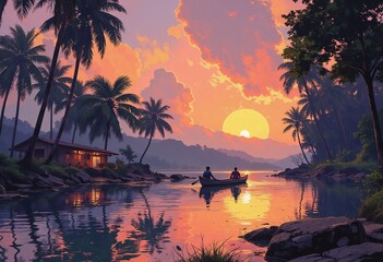 tropical sunset with palm trees and people on a boat