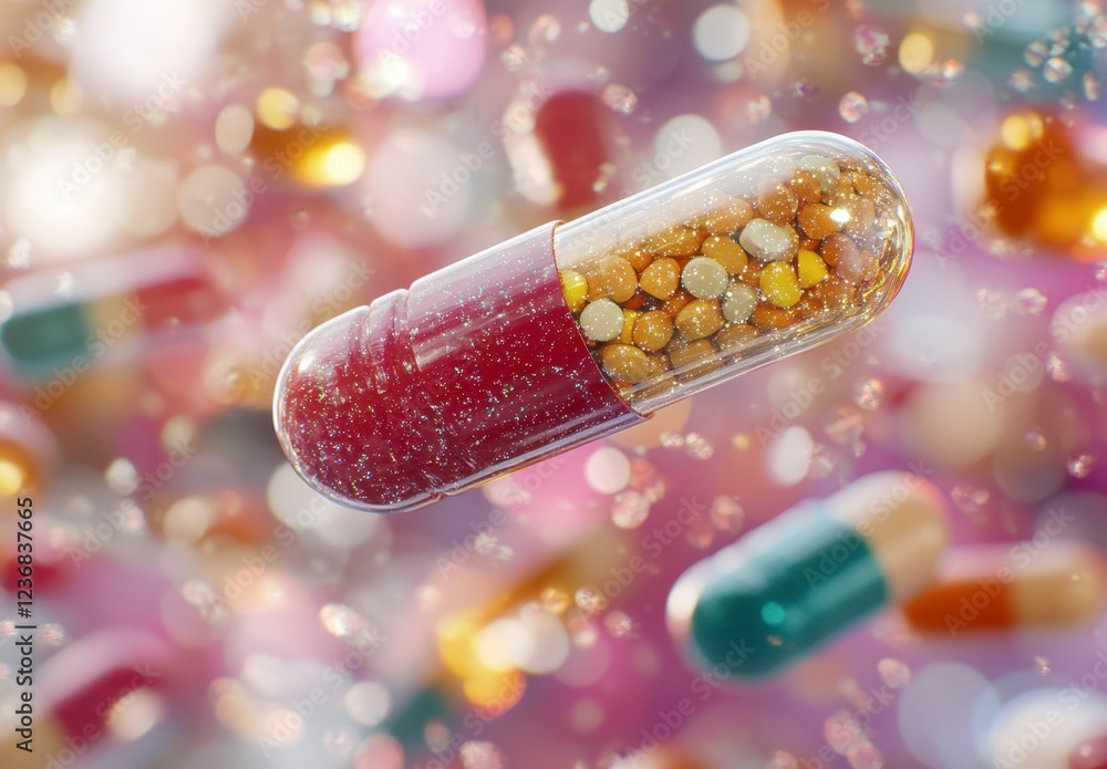Aufkleber a single transparent capsule filled with small colorful pills floats against a bokeh background of b
