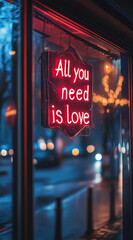 Neon sign with the text "ALL YOU NEED IS LOVE" on it, on the window of a house at night, with a red light