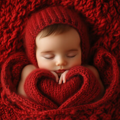 A cute newborn baby, lying peacefully in its cradle, is wrapped in a blanket with a striped heart design and a wool-like texture.