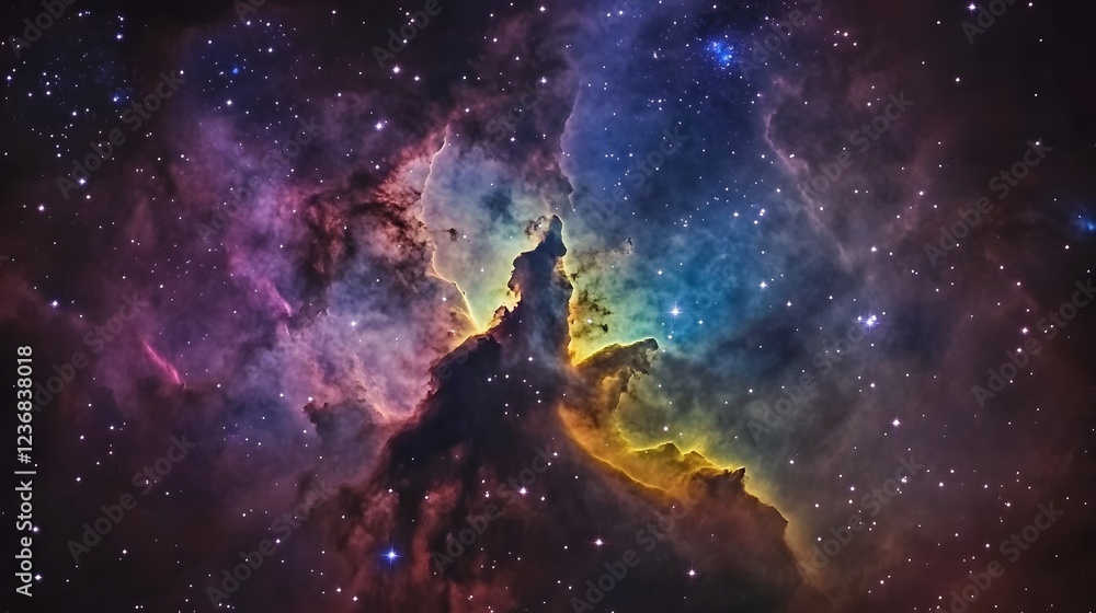 Poster mesmerizing digital depicting a vibrant cosmic explosion with swirling nebulae glowing stardust and 