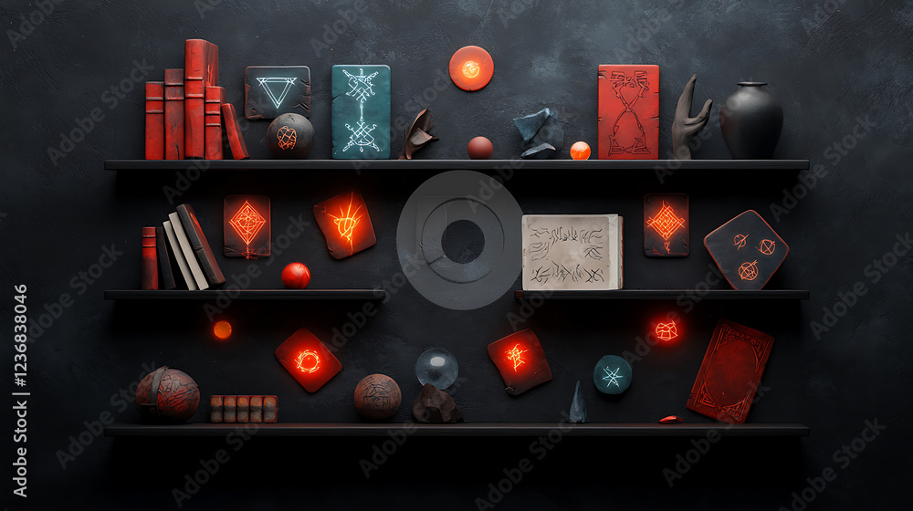 Poster enchanting display of glowing runes on magical shelf studio setting digital art mystical environment
