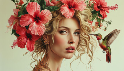 Beauty concept humans and mother nature: Beautiful Blonde Woman, Hair out of giant Hibiscus flowers, Humming Birds, vibrant, model with animal, stunning nature