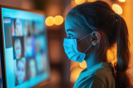 Young girl wearing a protective mask while engaged with a computer screen displaying various faces, highlighting the importance of online interactions and safety during health crises.