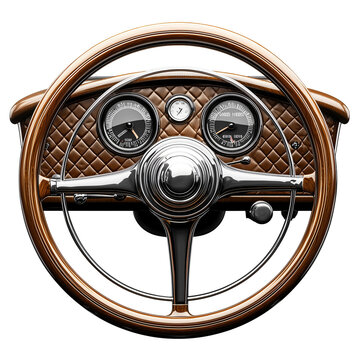 Fototapeta Close-up of a classic car's steering wheel and dashboard with vintage design isolated on transparent background . 
