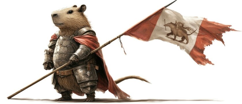 Digital art of a heroic capybara knight defending its whimsical fantasy realm