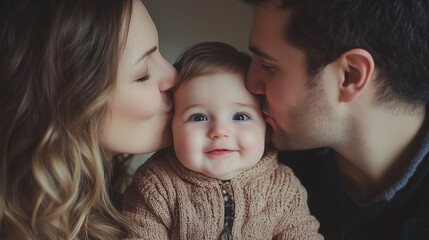 international kissing day. Parents kissing their child. A warm and emotional image of a mother and father kissing their child on both cheeks