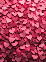 Pink background with pink heart-shaped confetti, a background filled with many small hearts, and pink paper hearts scattered on the floor, creating a romantic atmosphere with pink confetti.