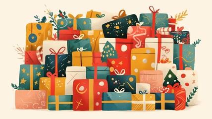 A cheerful vector illustration of a pile of gifts with bright colors on a white background, perfect for celebrating special events like Mother's Day or Father's Day.