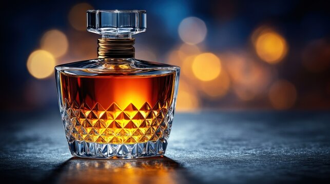 Luxurious amber liquor decanter on dark surface with bokeh background