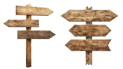 Wooden road sign with three arrows pointing in different directions, isolated on white or transparent background, cutout PNG