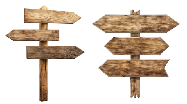 Wooden road sign with three arrows pointing in different directions, isolated on white or transparent background, cutout PNG
