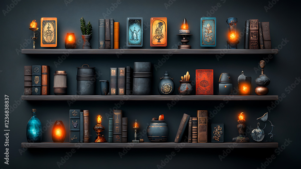 Poster enchanting display of glowing artifacts mysterious bookshelf home decor dimly lit environment close-