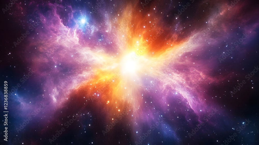 Poster Spectacular cosmic explosion in a mesmerizing galactic scenery with vibrant nebulae shimmering stars and an eruption of astral energy