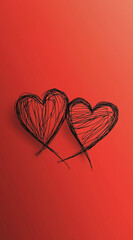 A digital art illustration of two hearts with vector graphics, red background, simple line drawing, black lines on white paper, and a hand-drawn cartoon style in a flat design aesthetic.