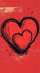 A digital art illustration of two hearts with vector graphics, red background, simple line drawing, black lines on white paper, and a hand-drawn cartoon style in a flat design aesthetic.