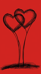 A digital art illustration of two hearts with vector graphics, red background, simple line drawing, black lines on white paper, and a hand-drawn cartoon style in a flat design aesthetic.