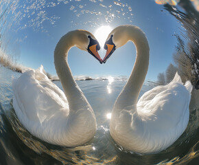 Fototapeta premium Two swans on the water, forming a heart shape with their necks.Minimal creative nature love concept.Copy space,flat lay 