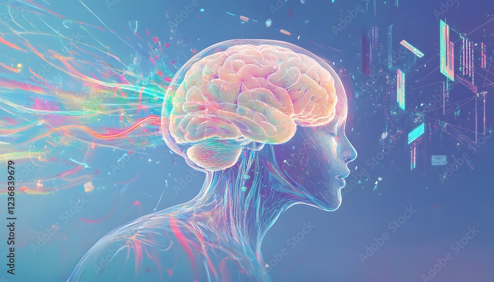 Poster translucent head displays active brain and data streams